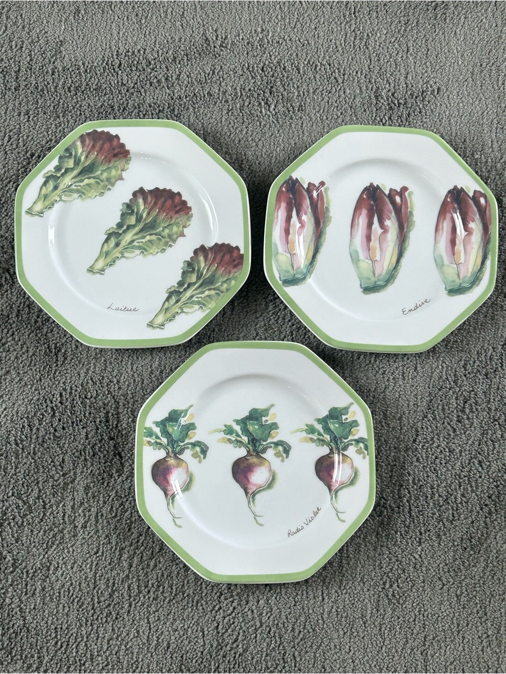 Williams-Sonoma Ceramic Set Of 3 Octagon Vegetable Garden Salad Plates 8 1/4”